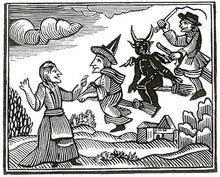 Load image into Gallery viewer, Lancashire Witches Woodcut Cross Stitch Digital Pattern