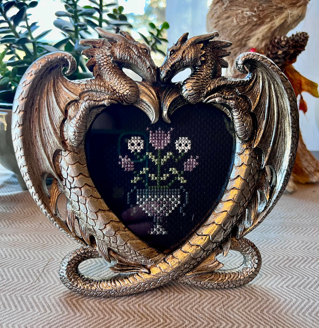 Fantasy Dragon Heart Photo or Cross Stitch Frame with FREE Copy Cross Stitch Pattern of Gothic Love