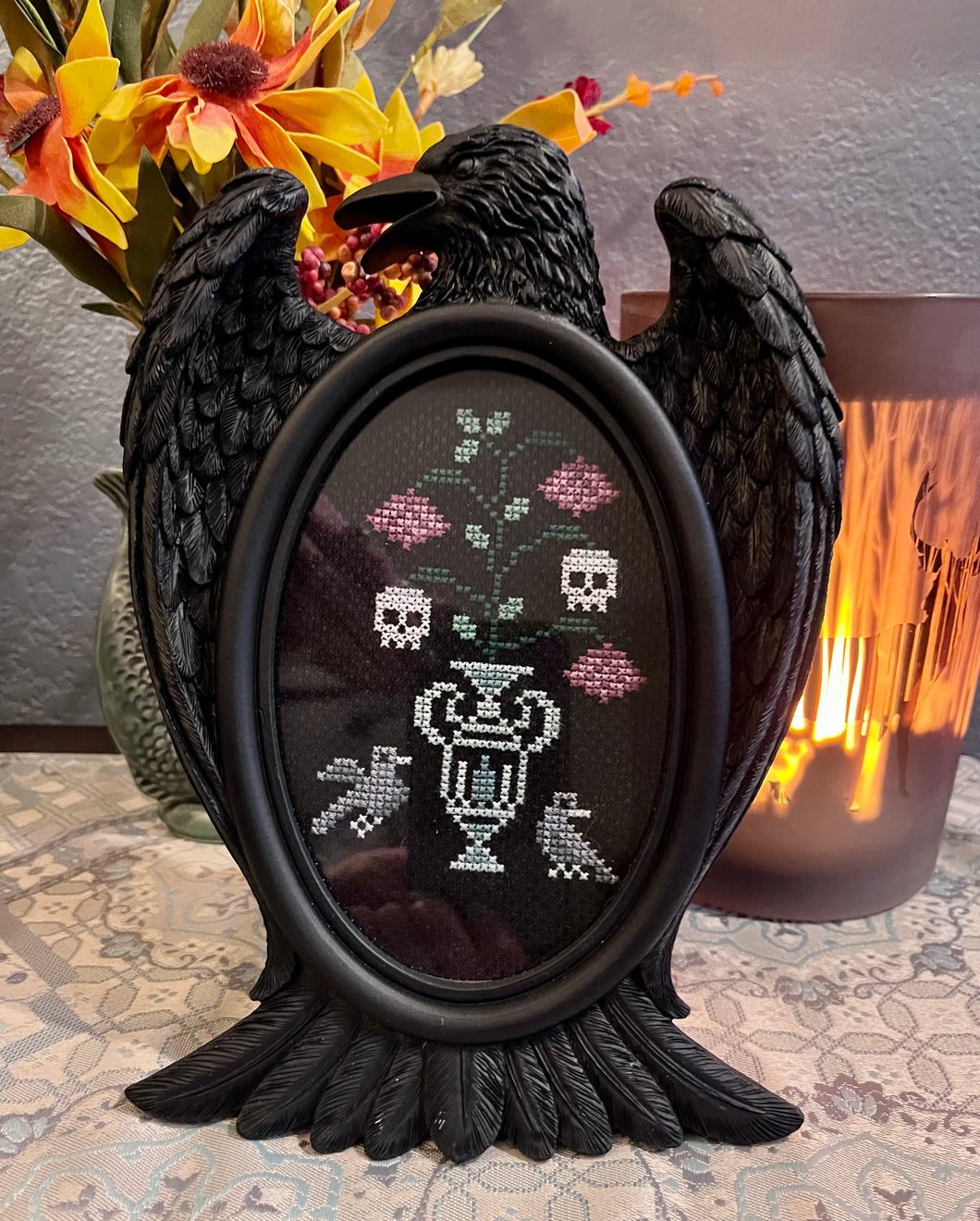 Raven Gothic Photo Cross Stitch Frame with FREE Physical Copy of Cross Stitch Pattern Gothic Florals With Birds