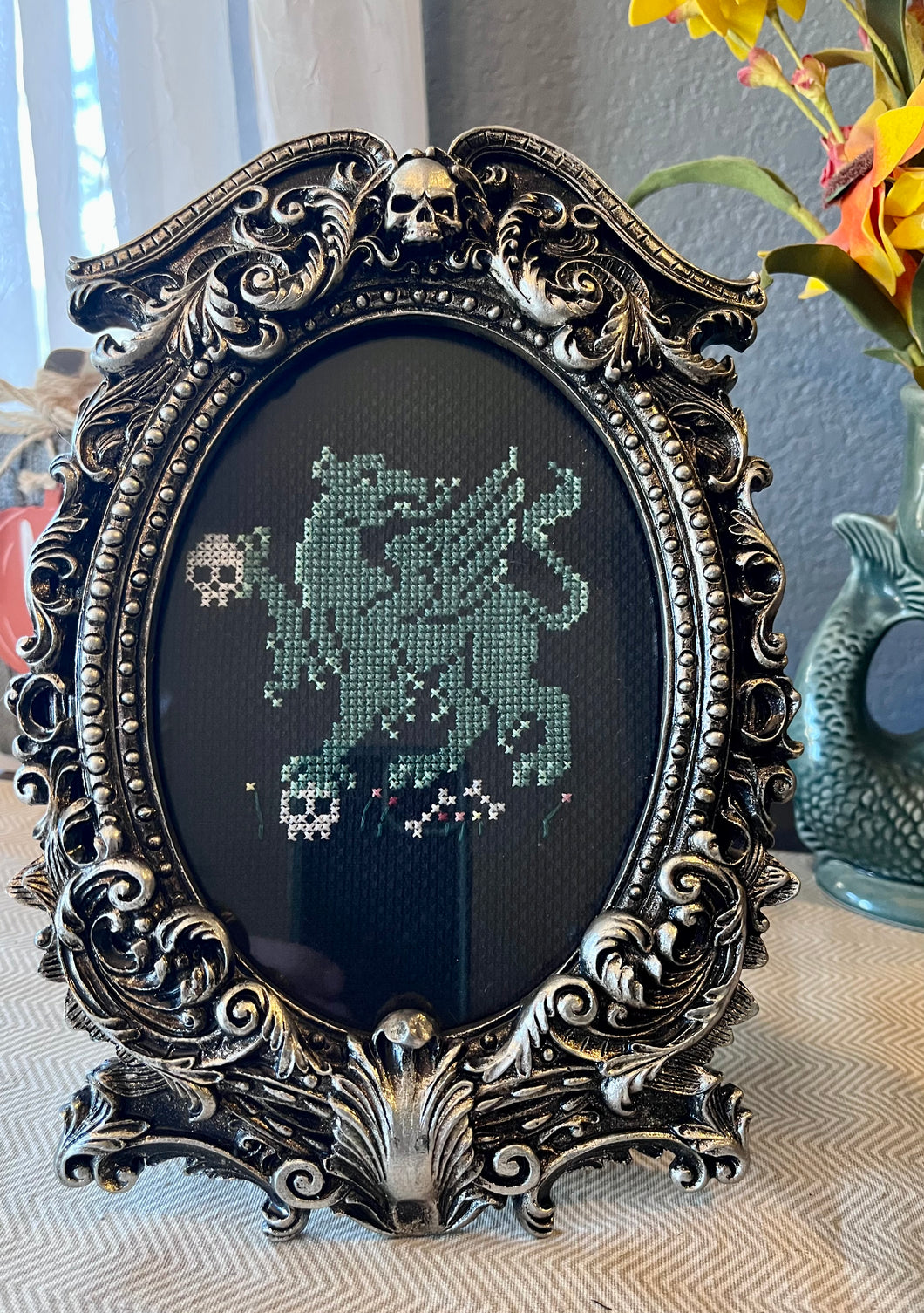 Gothic Skull Photo or Cross Stitch Frame with Free Physical Copy of Fantastical Green Dragon Cross Stitch Pattern