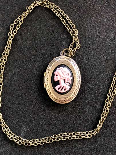 Valentine’s Day Pink Skeleton Cameo Locket Necklace