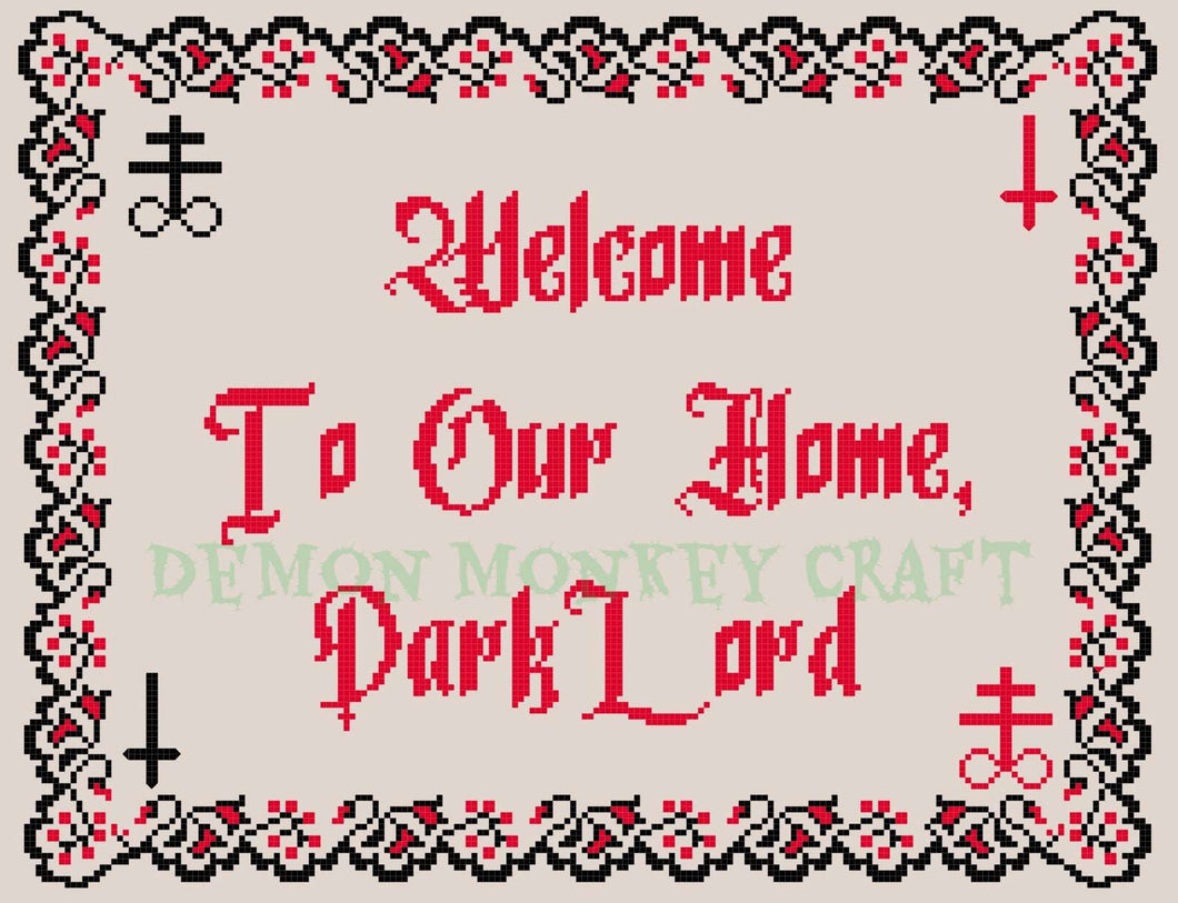 Welcome To Our Home, Dark Lord DIGITAL CROSS STITCH Pattern Sabrina Sampler
