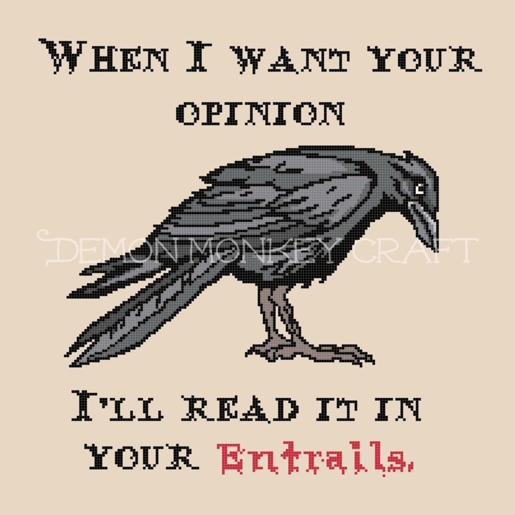 Opinions and Entrails with Crow, a DIGITAL DOWNLOAD PATTERN for cross stitch